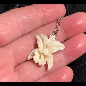 Carved orchid pendant necklace Dash 14 inch chain